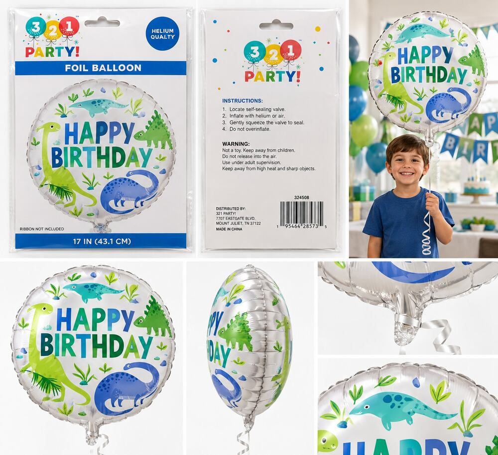 3-2-1 Party! Dinosaur Happy Birthday 17" Foil Balloon – Helium Quality